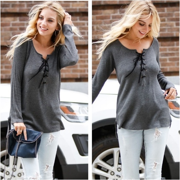 Lace Up Waffle Knit Long Sleeve Tunic Top - Picture 2 of 2